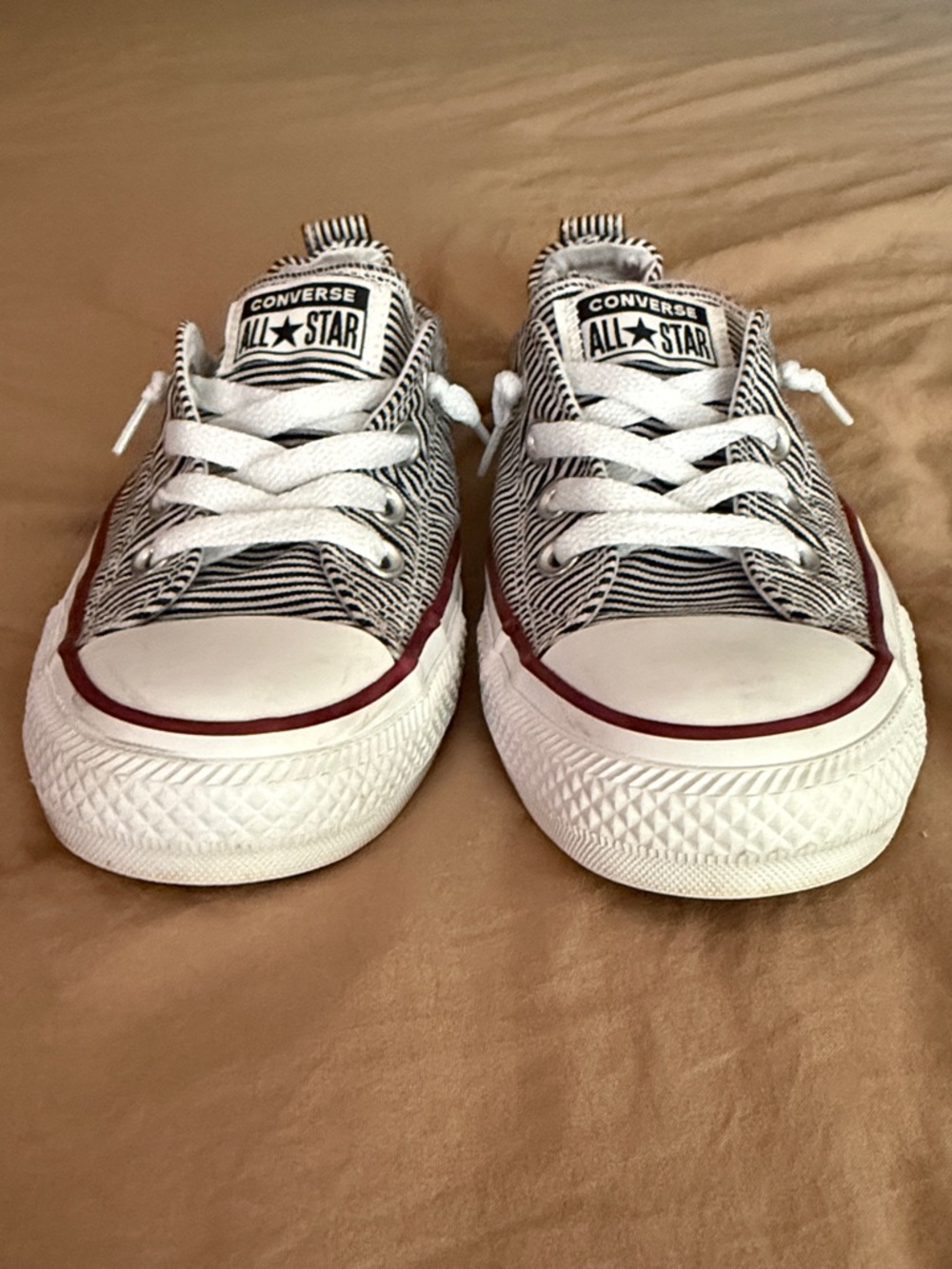 Converse Women’s Black & White Striped Slip-On Sneakers with Burgundy Accents - Picture 2 of 4